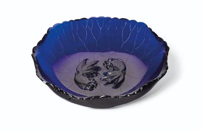 A carved blue glass lotus leaf-form bowl, 18th-19th century