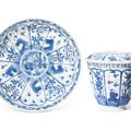 A blue and white European subject cup, cover, and stand, Kangxi period, circa 1690