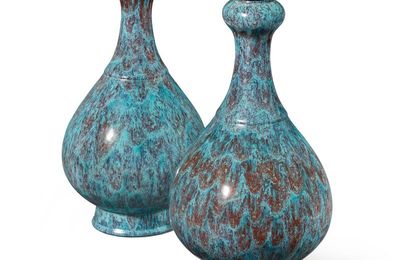 An exceptionally fine and rare pair of robin's-egg glazed garlic-mouth vases, Seal marks and period of Yongzheng