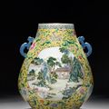 A fine large famille rose yellow-ground 'sylvan landscapes' vase, hu, Late Qing dynasty, Yongzheng six-character mark 