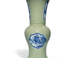 A carved celadon-ground underglaze-blue decorated 'Liu Hai' phoenix-tail vase, Kangxi period (1662-1722)