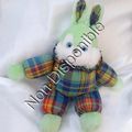 Doudou Peluche Lapin Vert Et Blanc Corps Tissu Carreaux Nounours