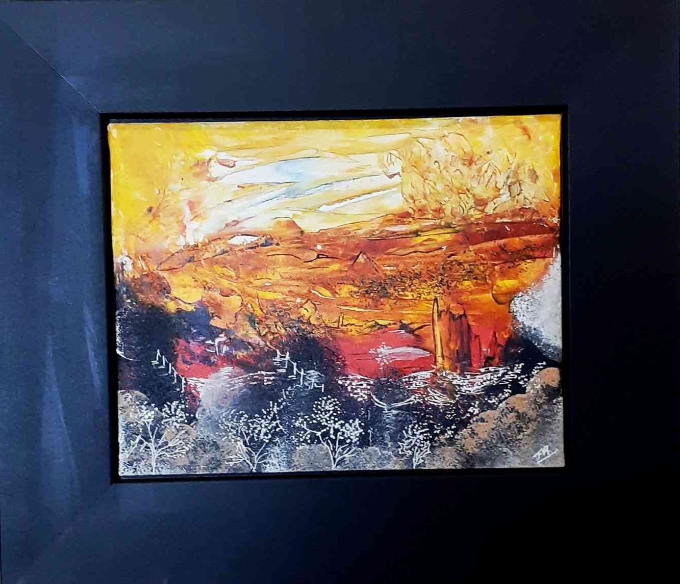 Poursuivre ses pas sereinement, acryl 2020 carton toilé, 24X19cm (n°147)c cadre noir,