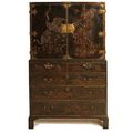 A George II and later black and gilt japanned cabinet on chest