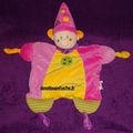 Doudou plat, lutin clown, jaune rose vert, Nicotoy , velours, www.doudoupeluche.fr