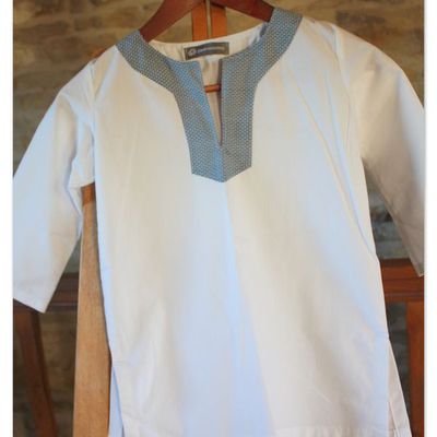 Chemise à encolure djellaba en coton blanc -