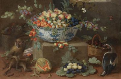 Flemish School, mid-17th century. Still life of fruit in a blue and white porcelain bowl, strawberries in a basket, a melon, ...