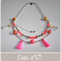 Collier corail "collection BRAZIL", 3 rangs, perles fimos, pompons, et breloques.