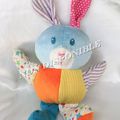 Doudou Peluche Lapin Bleu Jaune Orange Rayures Etoiles Playskool