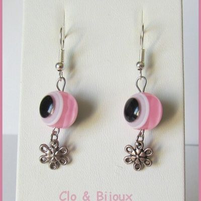 [BO96] Boucles d'oreilles perles oeil turc 'Nazar Boncuk' rose + connecteur lilas argenté (D)