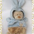 Doudou Peluche Plat Ours Déguisé En Lapin Bleu Et Beige Grain de Blé