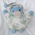 Doudou Peluche Ours Boule Bleu Blanc Corps Tissu Imprimé Lapin Vintage Vertbaudet