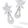 Important Pair of Natural Pearl and Diamond Pendent Earclips