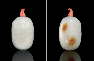 A very fine white and russet jade snuff bottle, Imperial, Palace Workshops, Beijing, 1730-1800