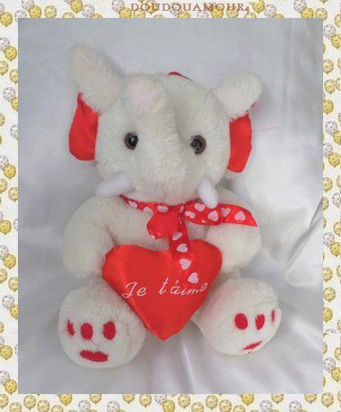 Doudou Peluche Eléphant Assis Blanc Et Rouge Coeur Je T'aime Alia