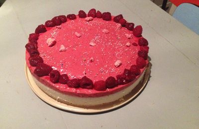 Entremet à la mousse et gelée de framboises, mousse au chocolat blanc sur feuilleté praliné 