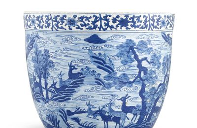 A large blue and white ‘hundred deer’ jardinière, Ming dynasty, Wanli period