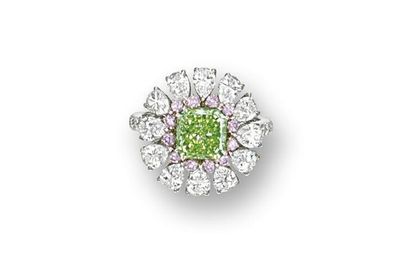 Fancy vivid yellowish green diamond, pink diamond and diamond ring, Nirav Modi