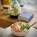 Porridge salé aux poireaux, oeuf mollet, jambon blanc & cottage cheese