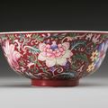 A ruby-ground famille-rose bowl, Qianlong seal mark and period (1736-1795)