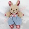 Doudou Peluche Lapin Beige Bleu Vichy Rouge Grelot Tartine Et Chocolat