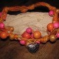 Collier lin, coeur et perles roses et orange