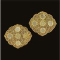 Two rare jade or hardstone-inlaid gold filigree dress ornaments, Golden Horde, 13-14th century