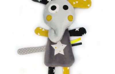 Doudou éléphant gris jaune noir