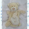 Doudou Plat Ours Marionnette Ecru Blanc Beige Echarpe Rayée Pommette