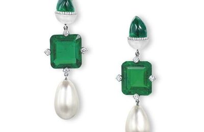 A pair of unusual emerald, natural pearl and diamond ear pendants, by Etcetera