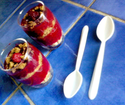 Verrines de purée de framboises sur des tartelettes au citron écrasées et des spéculoos écrasés !