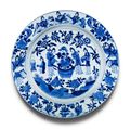 A large blue and white 'Literati' dish, Qing Dynasty, Kangxi period (1662-1722)