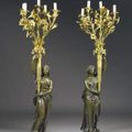 Paire d'importants candélabres en bronze doré et patiné. Style Louis XVI, seconde partie du XIXème siècle 