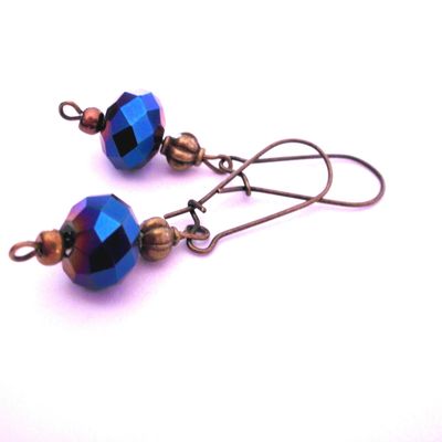 boucles d'oreilles retro bronze , perles bleues