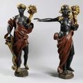 Paire de nubiens en bois sculpté polychrome soutenant des cornes d'abondances. Italie, XVIIIème siècle