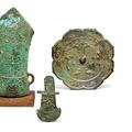 A group of three chinese bronze items, Western Zhou period (1100-771 BC) - Tang dynasty (618-907)