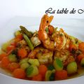 Gambas marinées, billes de légumes et sauce orange