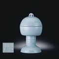 A rare clair-de-lune-glazed stembowl and a cover, dou, Qianlong moulded sealmark and of the period (1736-1795)