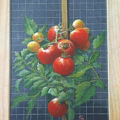 Peinture acrylique sur ardoise " Pied de tomates "