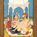 A prince and his mistress in an erotic embrace on a palace terrace. Deogarh, circa 1830