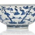 A very large Blue and White 'Three Friends' porcelain bowl, China, marked Fu gui jia qi, Jiajing-Longqing period
