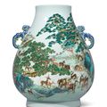 A fine magnificent and exceptionally rare yangcai 'hundred deer' blue-handled vase, hu, Qianlong mark and period (1736-1795)