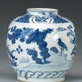 A blue and white porcelain jar with water fowl decoration from the 'San Diego' Cargo. Circa 1600