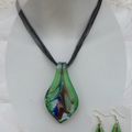 Parure Feuille Abi Pendentif + Boucles d'Oreilles Vert Et Argent Or Verre Soufflé Style Murano 