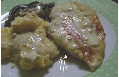 poulet a la polenta ,champignons et poireau.