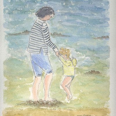 Aquarelle -  Mère et fils dans le Morbihan