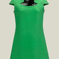 PIERRE CARDIN BOUTIQUE, Fall-Winter 1968-1969. A green wool dress, collar and hem encrusted with black vinyl