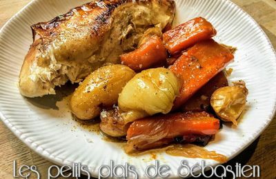 Poulet fermier cuit en cocotte au four et légumes confits