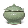 A 'Longquan' celadon-glazed 'lotus' jar and cover, Late Yuan-early Ming dynasty