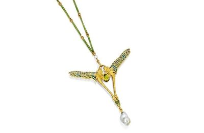 18 Karat Gold, Enamel, Peridot and Pearl Pendant-Necklace, René Lalique, circa 1905